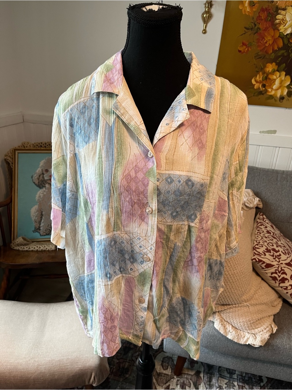 Women’s Vintage Lightweight Pastel Multi-Color Button-Front Top Size 2-3X